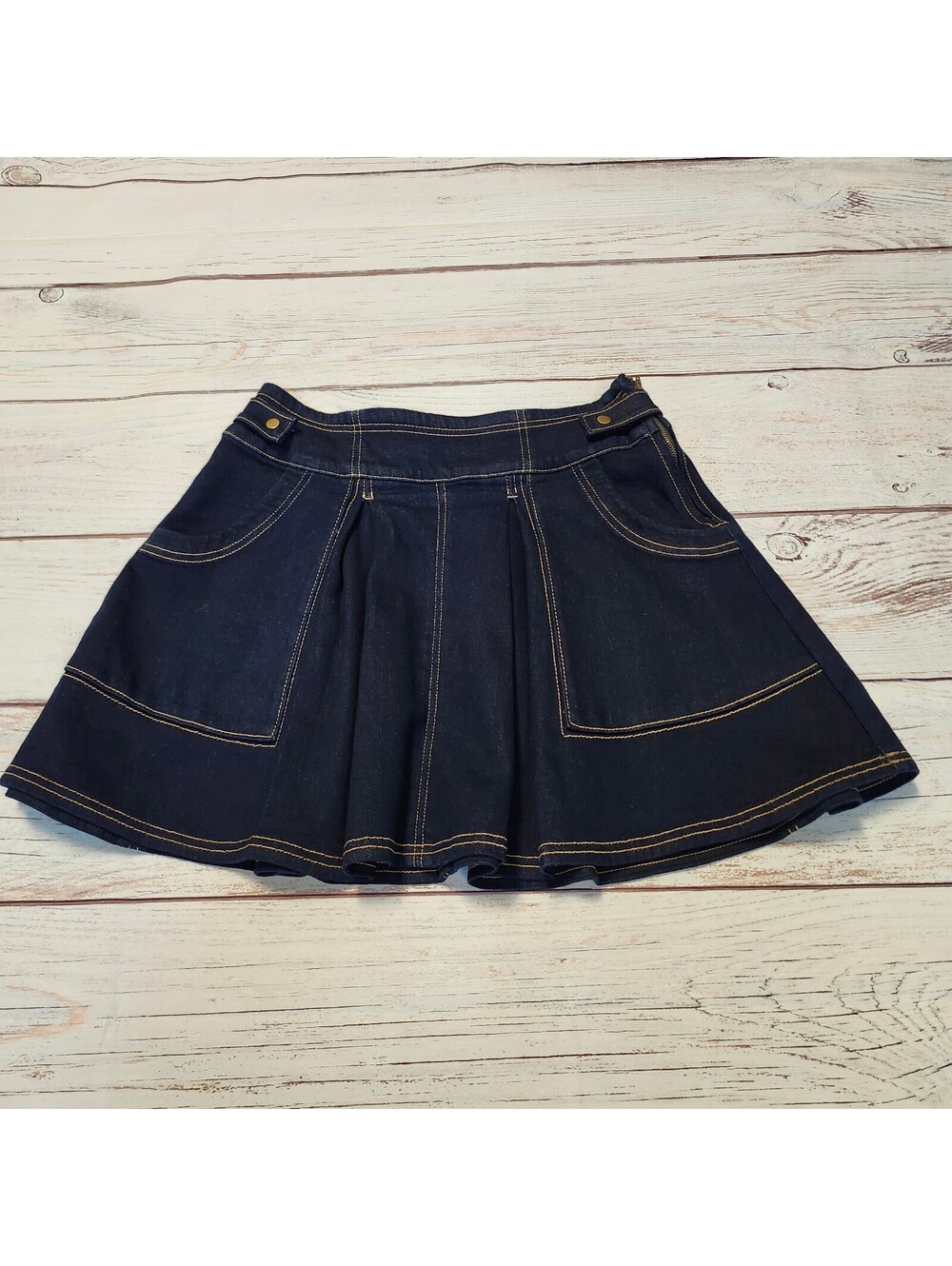 Anthropologie Dark Blue Denim Mini Skirt with Contrast Stitching Size 4